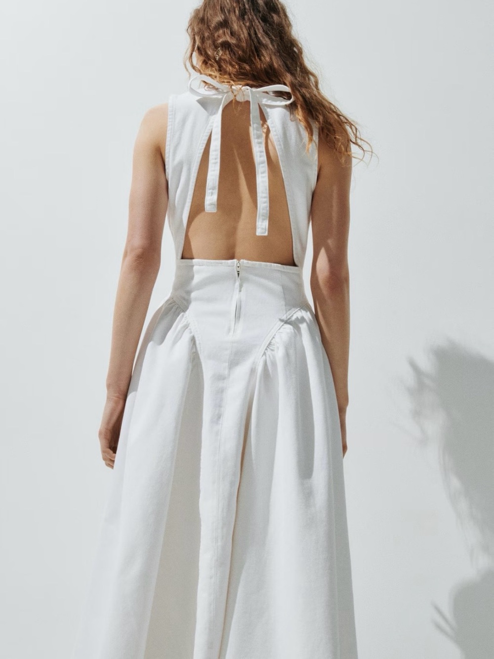 H&M White Backless Denim Midi Dress with Tie Neck